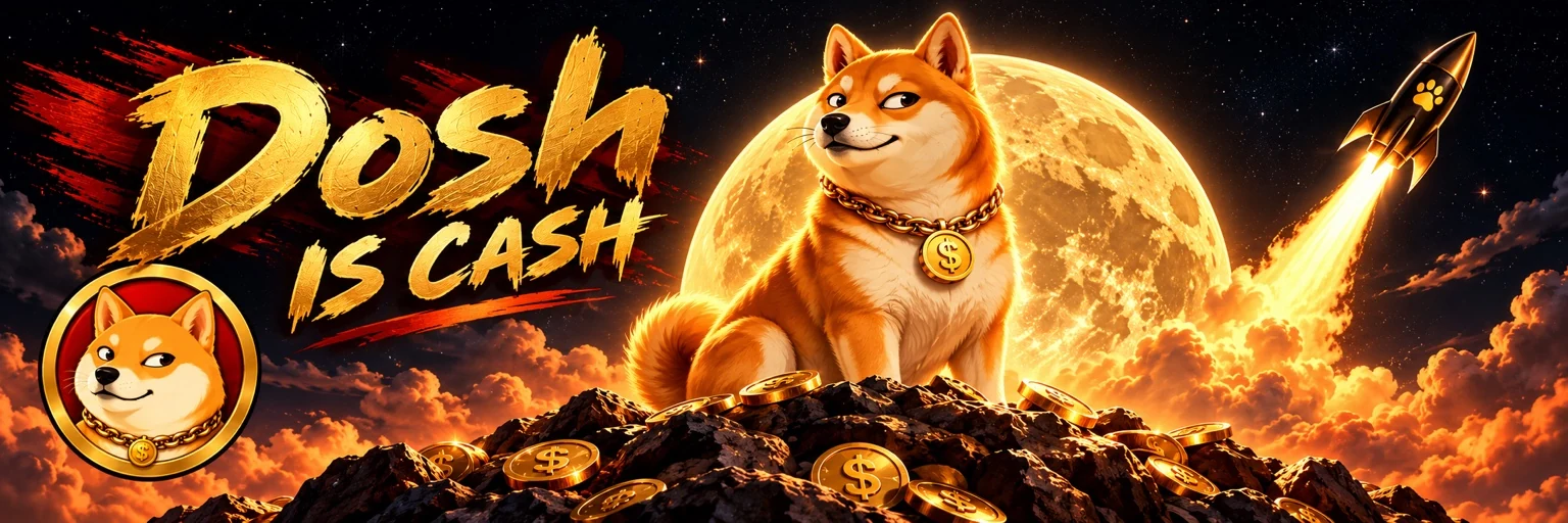 DOSH IS CASH — original golden Dosh mascot in front of the moon, with a rocket flying across the night sky